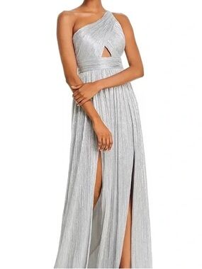 Aidan Mattox Silver Gray Evening Gown with Metallic Trim
